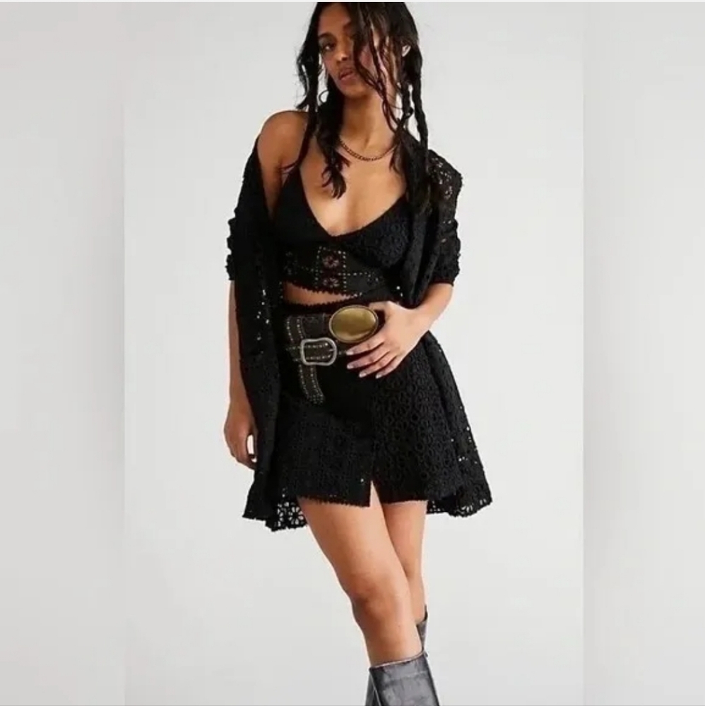 Free People FP One Yesenia Black Crochet Suit 3 PC Skirt Jacket Bralette